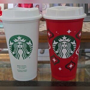2 Starbucks Reusable Plastic Cups with Lids 2014